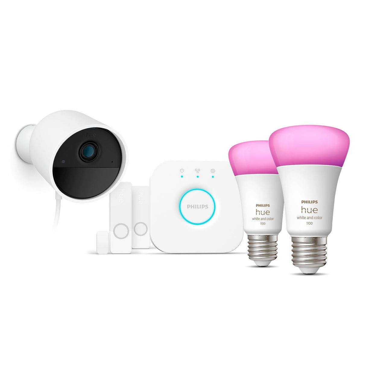 Philips Hue Secure - Cámara de Video Vigilancia con Cable (Blanca) + 2 Sensores de Contacto (Blancos) + 2 Bombillas Color + Bridge, fácil instalación, Audio bidireccional, Funciona con App