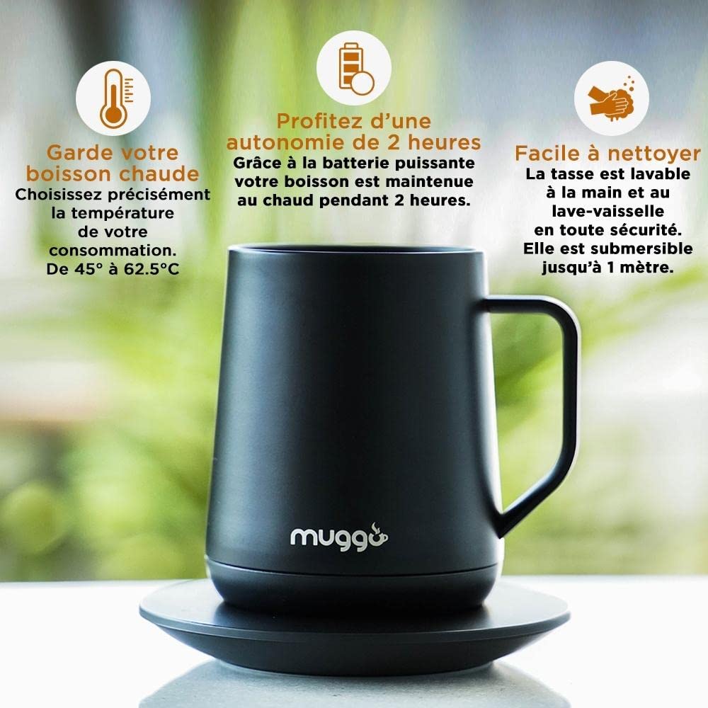 Muggo Taza calefactora, Copa Warmer, Control de Temperatura, 45°C/62.5°C, Calentador USB Oficina/Casa, Batería de Larga duración, Taza térmica de café/té, Limpieza fácil, Taza magnética
