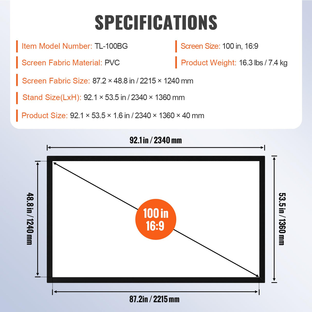 VEVOR Pantalla de Proyector Diagonal 100 Pulgadas de 16: 9, Pantalla de Cine 4K, Proyector Marco de Aluminio, 221 x 124 cm para Películas Portátil Montaje en Pared al Aire Libre, Negro