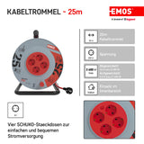 EMOS - Carrete de cable de 25m con cable alargador reforzado - 4 enchufes Schuko - 230 V, 16 A, 3680 W - Aislamiento PVC - H05VV-F3G 2,5 mm2 - Protección contra sobrecalentamiento - IP20 para