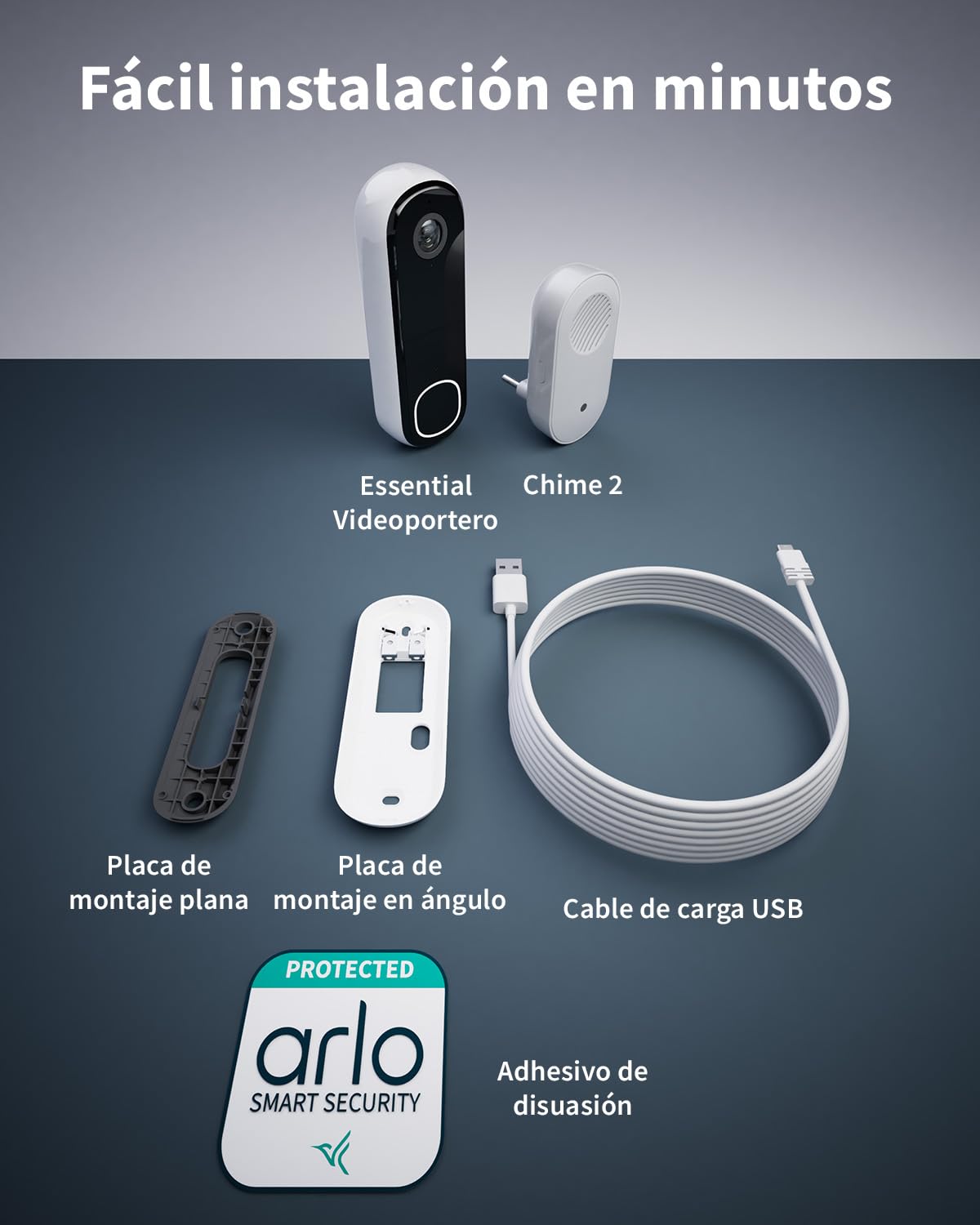Arlo Essential 2K Videoportero WiFi + Timbre Inalámbrico Exterior Impermeable, Timbre Casa, Detector De Movimiento, Visión Nocturna, Audio Bidireccional, Prueba Arlo Secure Incluida, 1 Cámara, Blanca
