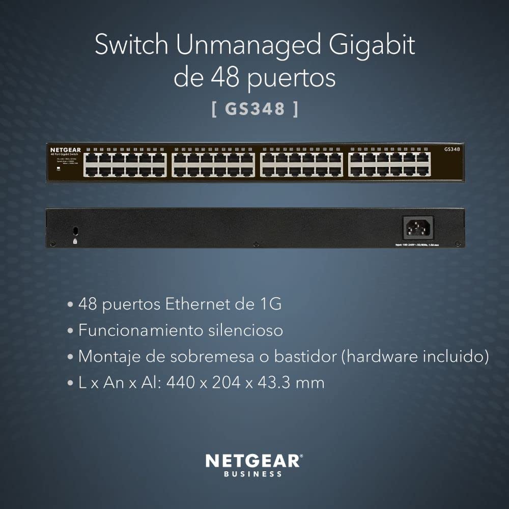 NETGEAR Conmutador de Red Gigabit de 48 Puertos (GS348) Conmutador Ethernet - De sobremesa o para Montaje en Bastidor, y protección Limitada de por Vida