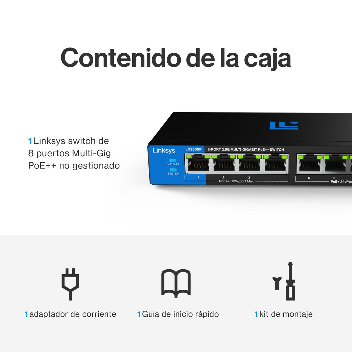 Switch PoE++ multigigabit Linksys no administrado de 8 Puertos y 2,5 G | Ethernet bajo Consumo | Control dúplex Completo | para WiFi 6/6E/7 y cámaras IP | Carcasa metálica | Presupuesto PoE de 180 W