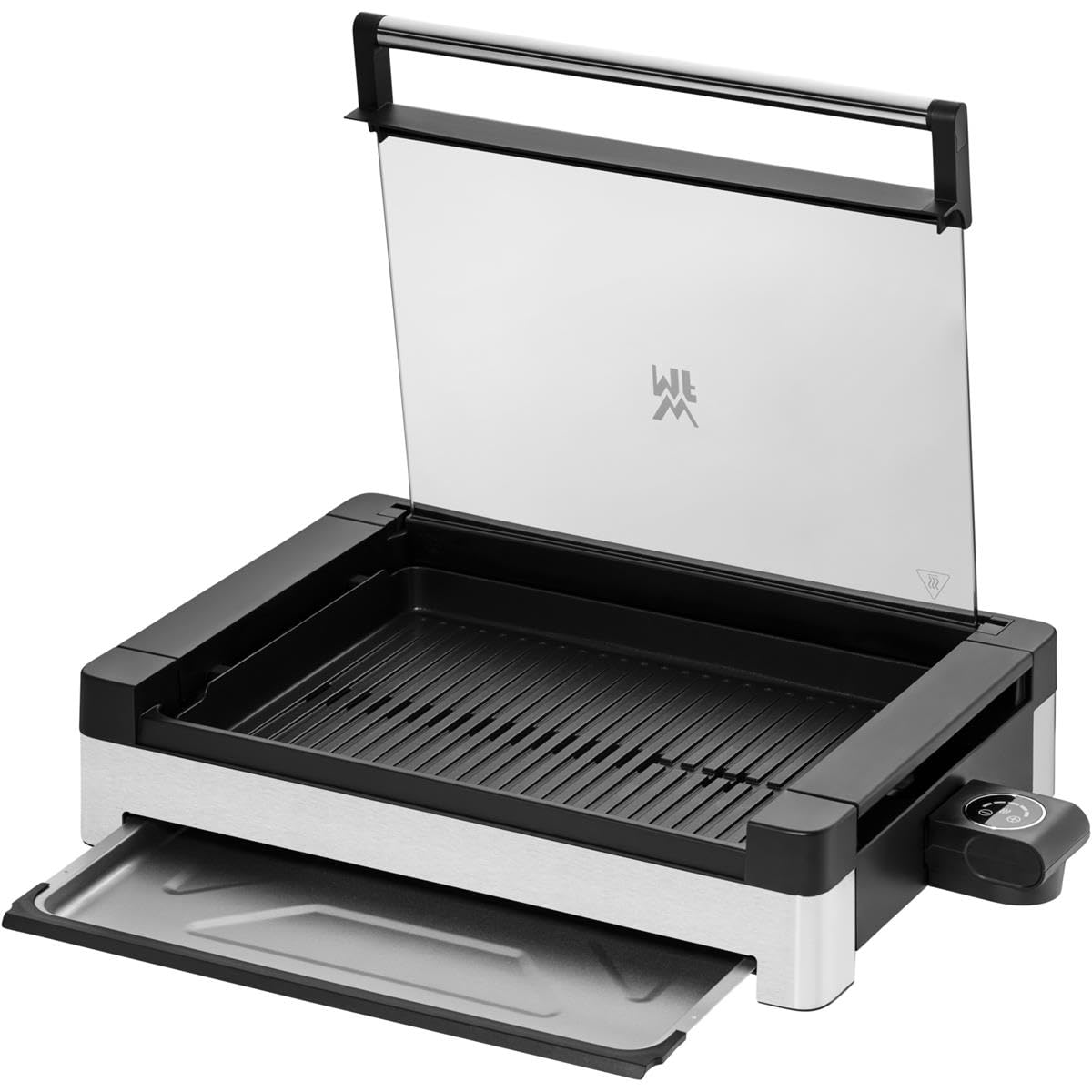 WMF Lono - Grill sobremesa con tapa de cristal y Barbacoa 2200 W, acero inoxidable mate, placa de parrilla recubierta, antiadherente