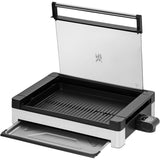 WMF Lono - Grill sobremesa con tapa de cristal y Barbacoa 2200 W, acero inoxidable mate, placa de parrilla recubierta, antiadherente