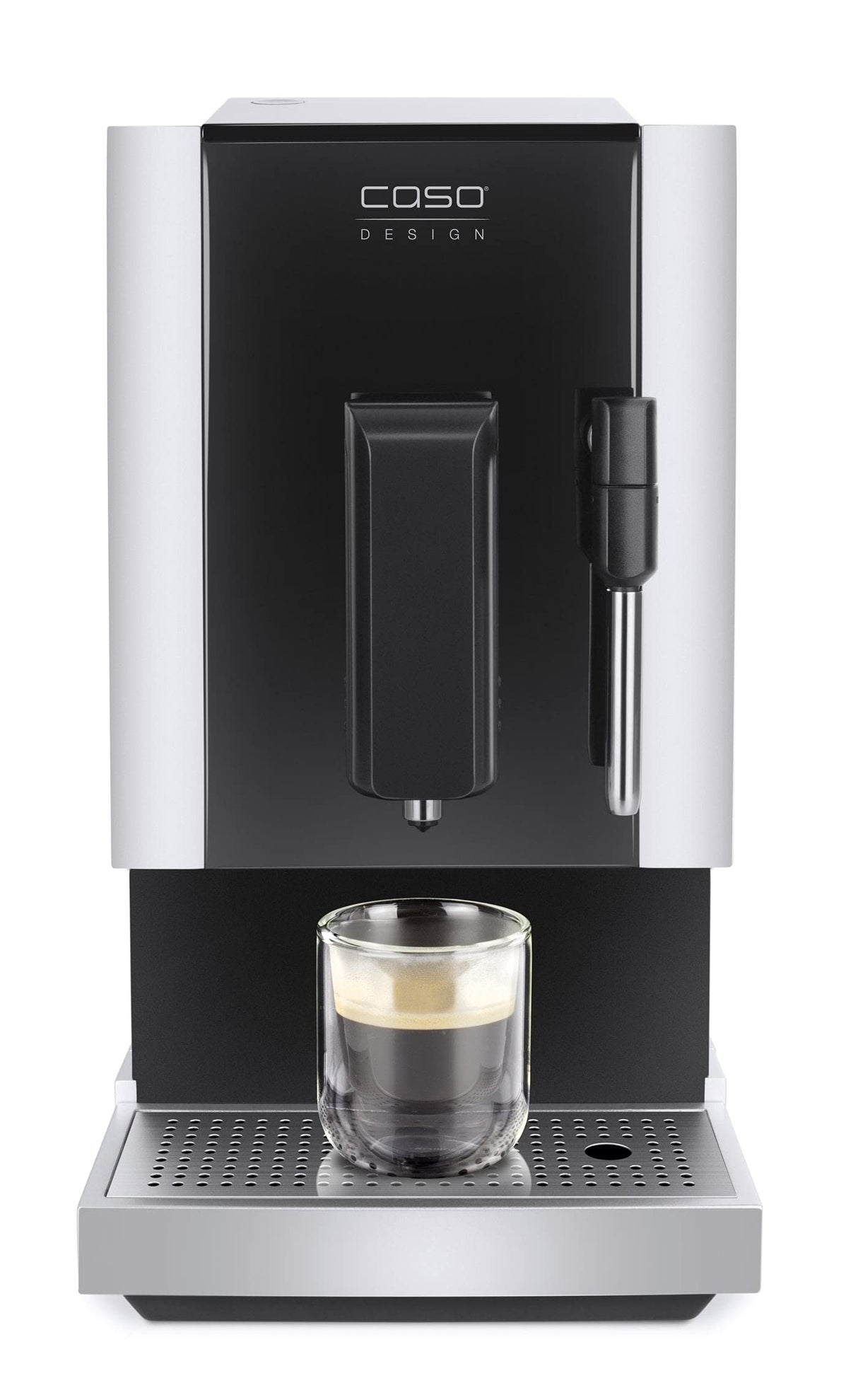 CASO Café Crema One - Cafetera superautomática con pantalla táctil, molinillo silencioso incorporado, Espumador de Leche, Boquilla vapor, Función de precalentamiento, negra y plateado