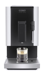 CASO Café Crema One - Cafetera superautomática con pantalla táctil, molinillo silencioso incorporado, Espumador de Leche, Boquilla vapor, Función de precalentamiento, negra y plateado