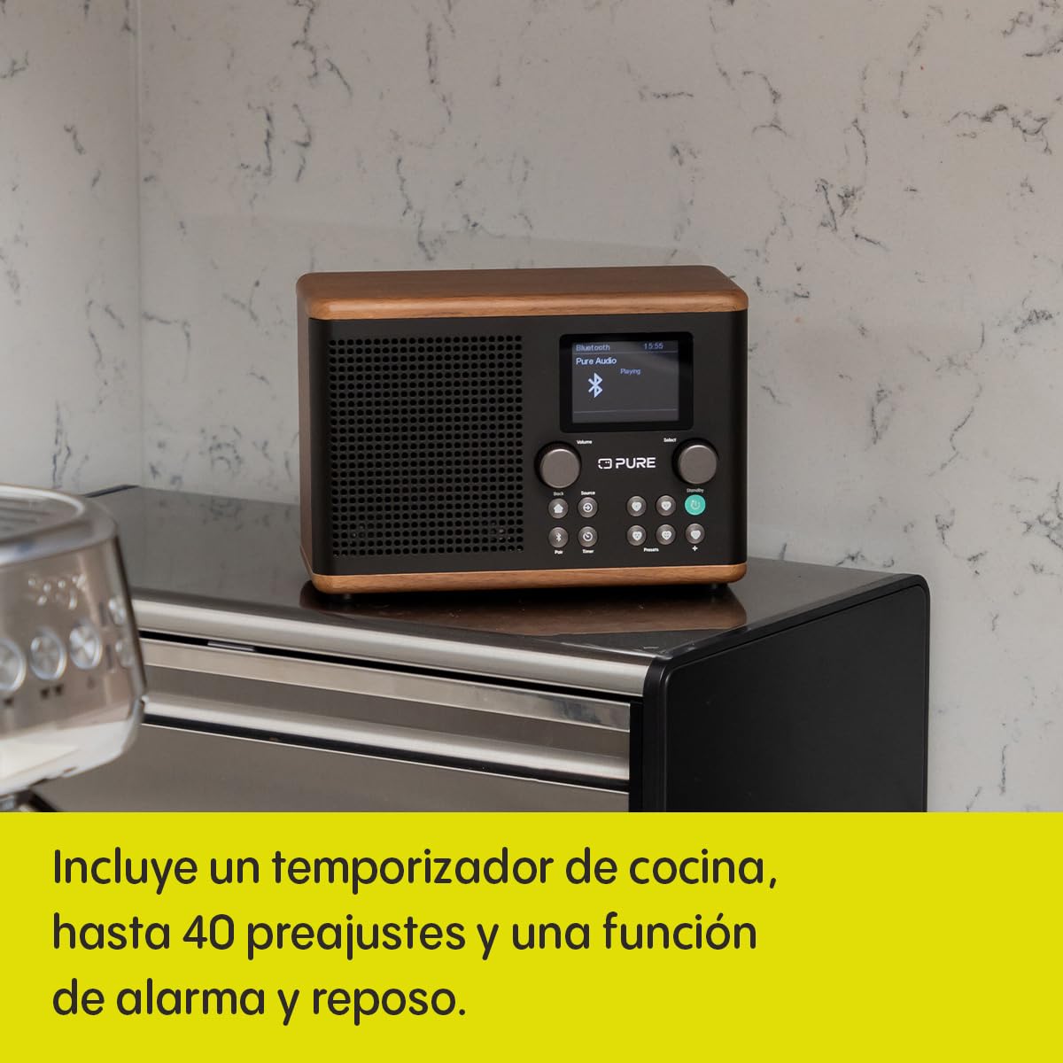 Pure Classic H4 Radio Digital de Cocina (Dab+/FM, Bluetooth, USB, AUX, Temporizador de Cocina, Alarma), Café Negro/Nogal
