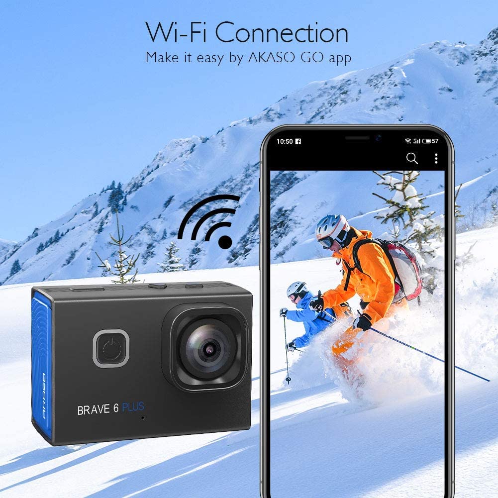 AKASO Brave 6 Plus Cámara Deportiva 4K30FPS WiFi 20MP - Cámara de Accion Pantalla Táctil, Estabilización Electrónica, Cámara Acuatica Sumergible 40M, Control por Voz, 2 Baterías y Kit de Accesorios