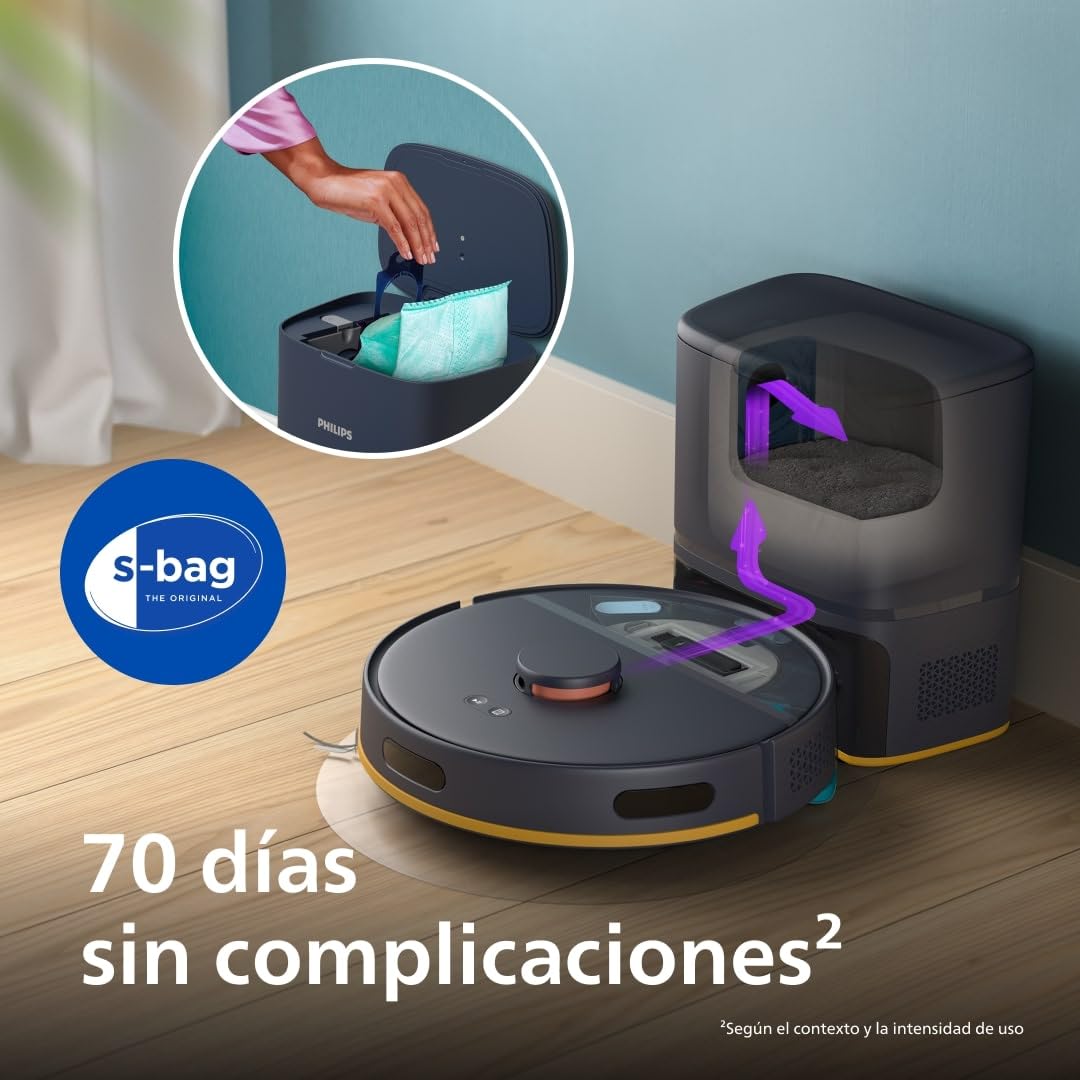 Philip Homerun 2000 - Robot Aspirador y friegasuelos - Potencia Extra Fuerte, potenciador para alfombras, Radar LDS, estación de autovaciado de 70 días, aplicación Homerun, Blanco Ártico (XU2100/25)