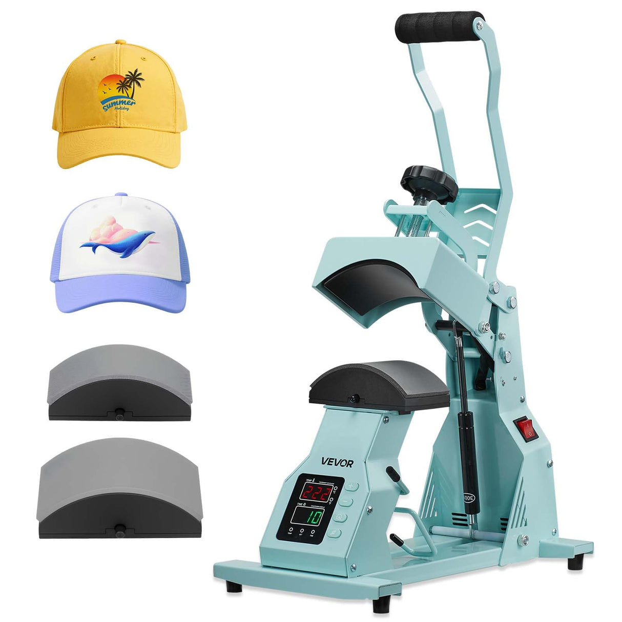 VEVOR Máquina de Prensado Térmico, Prensa de Transferencia Térmica con 2 Platinas Intercambiables, Control Preciso de Tiempo y Temperatura, Máquina de Sublimación HTV para Gorras, Diademas, Verde