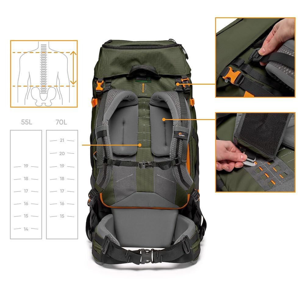 Lowepro PhotoSport PRO BP 55L AW IV - Mochila para cámaras réflex sin espejo, acceso delantero/trasero, compartimento extraíble para cámara, correas para accesorios, talla S/M, gris oscuro/verde
