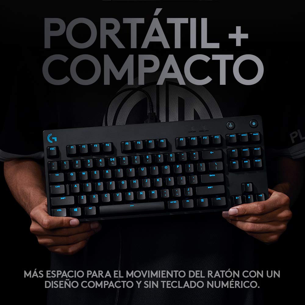 Logitech G Pro TKL Teclado Gaming Mecánico sin Teclado numérico, Teclas GX-Clicky Azules, RGB LIGHTSYNC, Diseño portátil para Esports, Cable Micro USB Desmontable, QWERTY Español, Negro