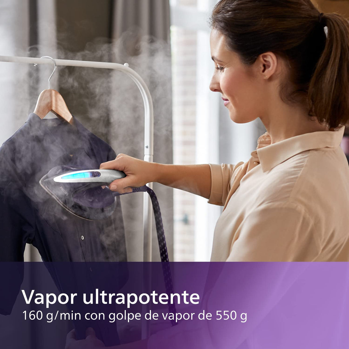 Philips PerfectCare Elite Plancha Vertical Vapor - 2700 W, 520 g De Vapor, 7,5 Bares, Tecnología OptimalTEMP, Modo ECO, T-ionicGlide, Azul/Blanco (GC9635/20)