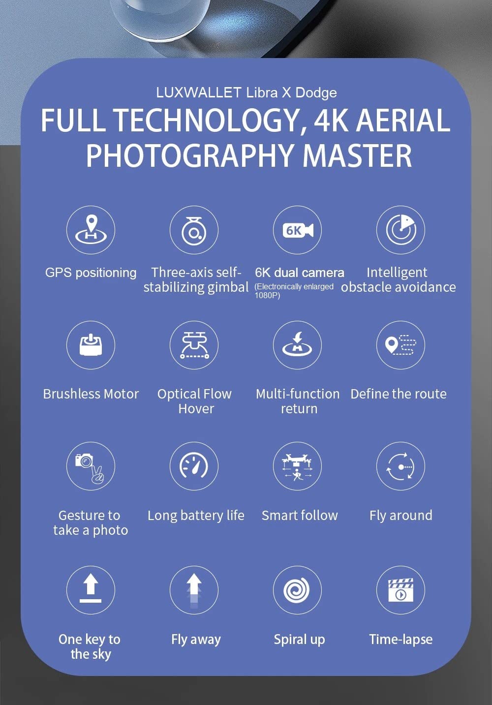 LUXWALLET Libra X Dodge, Sensor para Evitar obstáculos, cuadricóptero para Drones, 30Km /h, WiFi GPS 1.2 KM, cardán de 3 Ejes, cámara Full HD
