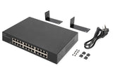 DIGITUS DN-80113-2 – Conmutador de Red Gigabit de 24 Puertos – no gestionado – sin Ventilador – Modo VLAN – Interruptor Dip – 10/100/1000 Mbit/s – Incl. Soportes de Montaje de 19" – Negro