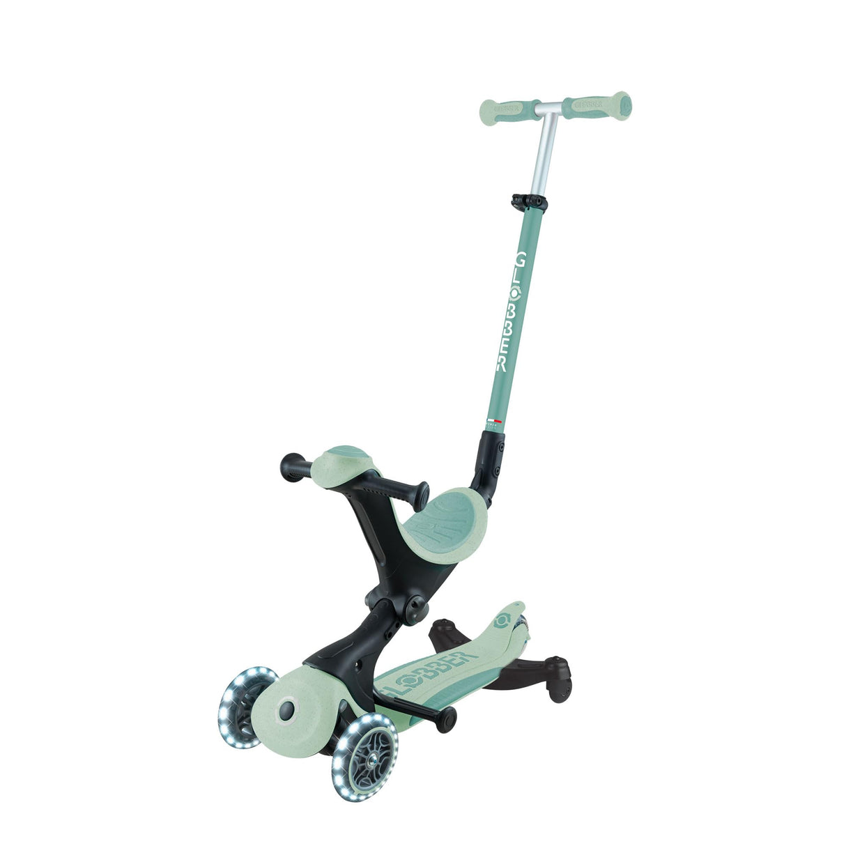 Globber - GO•UP Deluxe Lights Eco 360 - Patinete evolutivo de 3 Ruedas con Asiento Giratorio 360°, reposapiés, Luces LED y Materiales sostenibles, de 15 Meses a 6 años - Verde Pistacho