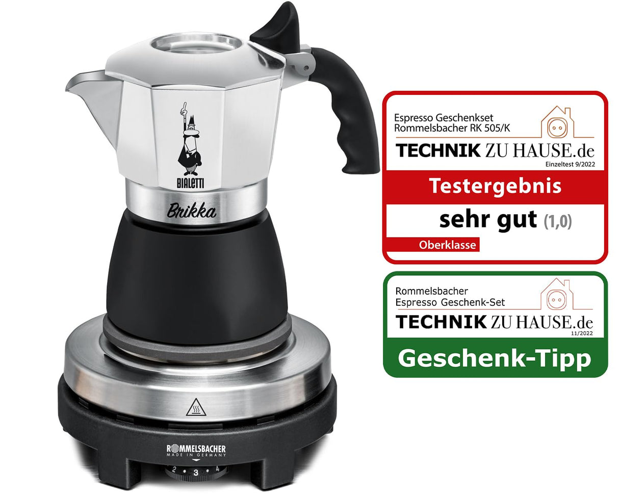 Rommelsbacher Set de regalo RK 505/K, mini placa de cocción de 80 mm de diámetro, regulable sin niveles, jarra original Bialetti Moka, 90 ml, sistema de preparación para la formación de crema, color