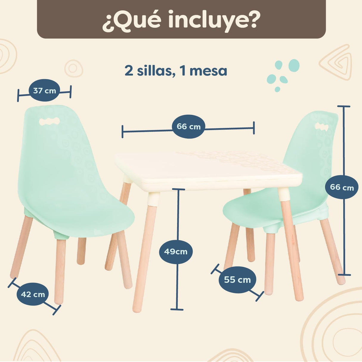 B. Spaces by Battat - Juego de Muebles Infantiles - 1 Mesa y 2 Sillas Infantiles con Patas de Madera Natural (Marfil y Madera Natural)