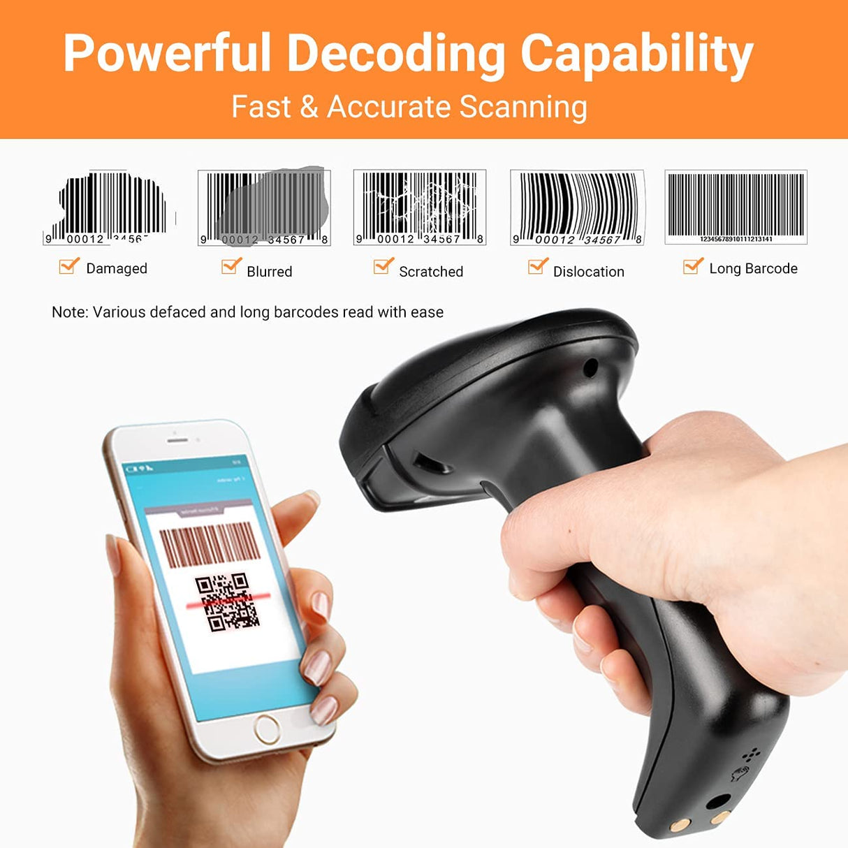 Tera Escáner de código de Barras 2D QR inalámbrico con Base de Carga USB Lector de códigos de Barras de Mano Escaneado rápido y preciso 2D QR 1D códigos de Barras 3en1, D6100-NEW