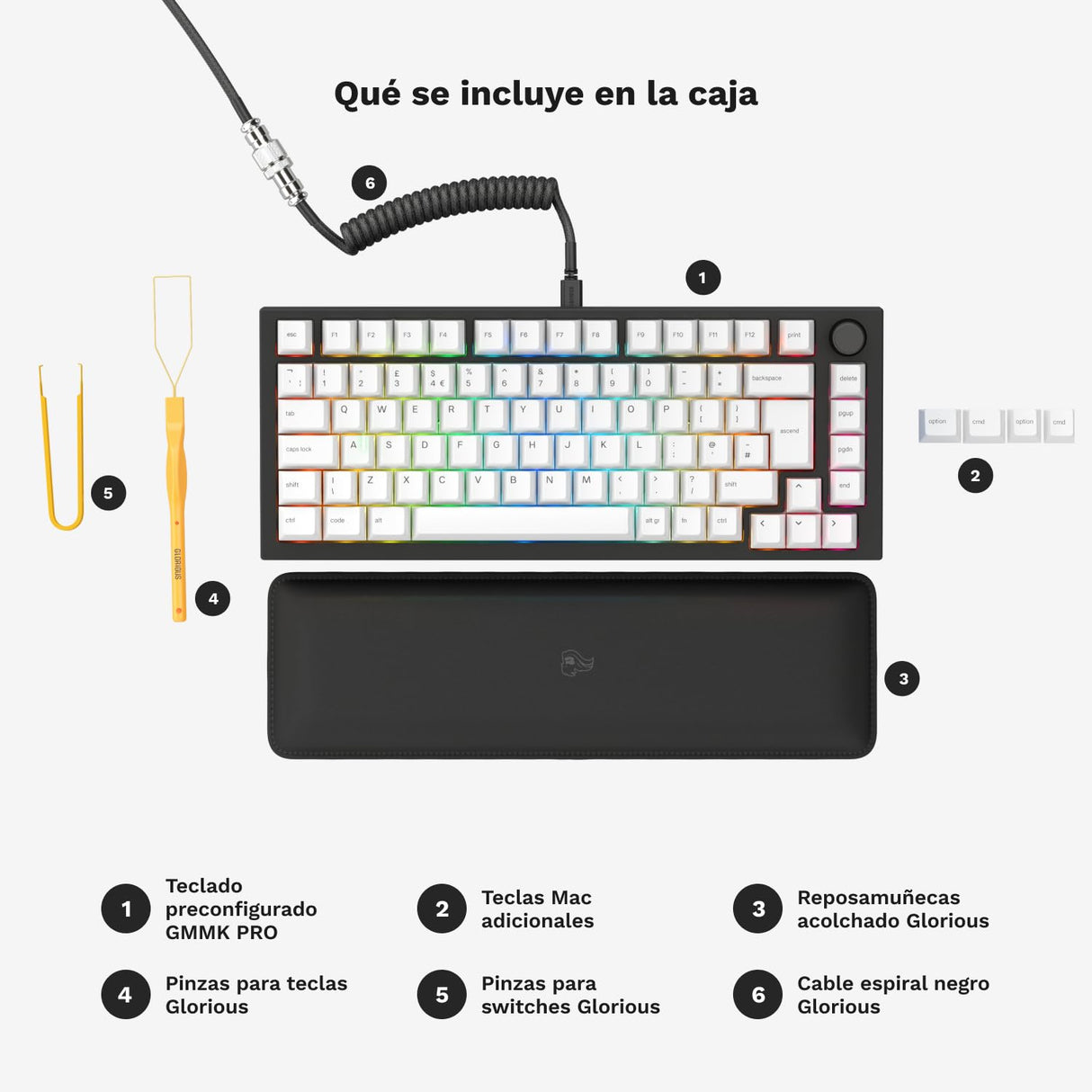 Glorious Gaming GMMK PRO 75% - Teclado gaming mecánico modular, TKL, carcasa de 1,5 kg, personalizable, cable espiral, reposamuñecas, keycaps blancas, RGB, distribuciones QWERTY español - Negro