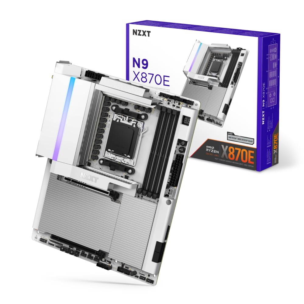 NZXT Placa Base para Juegos N9 X870E - AMD X870E AM5 ATX para Ryzen 9000/8000/7000-20+2+1, DDR5, 4X M.2, PCIe 5.0, 5GbE – Cierres de liberación rápida M.2, Cubierta de Metal Completo, PCB Blanco