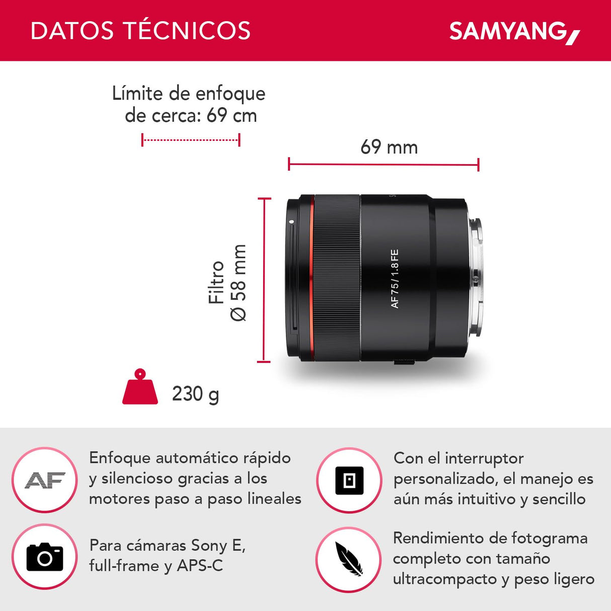 Samyang Objetivo de retratos AF 75 mm F1.8 FE (Pequeño pero absoluto) - Autofoco full frame y APS-C distancia focal fija - Para Sony E Mount A9 II A7 III A7C II A7C R A6600 A6500 A6400 A6300 y más
