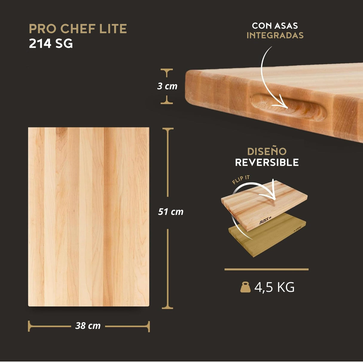 Boos Block Tabla Cortar Cocina Profesional - Madera dura de arce duro de América del Norte - Reversible - Tabla Madera Cocina Grande – 51 x 38 x 3 cm