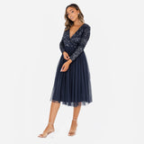 Maya Deluxe Maya Vestido Midi Adornado con La Parte Delantera de Deformación Falsa Dama de Honor, Azul Marino, 40 para Mujer