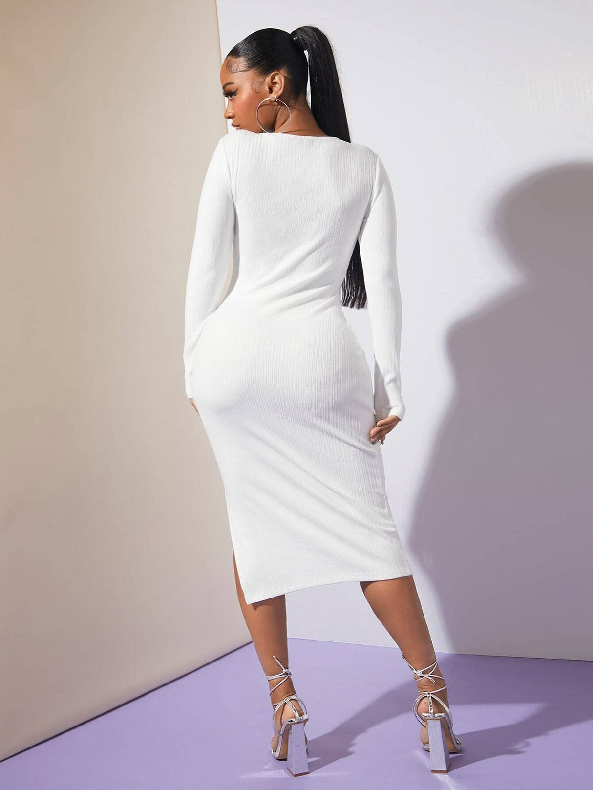 Solid Split Back Bodycon Dress (Color : White, Size : X-Small)