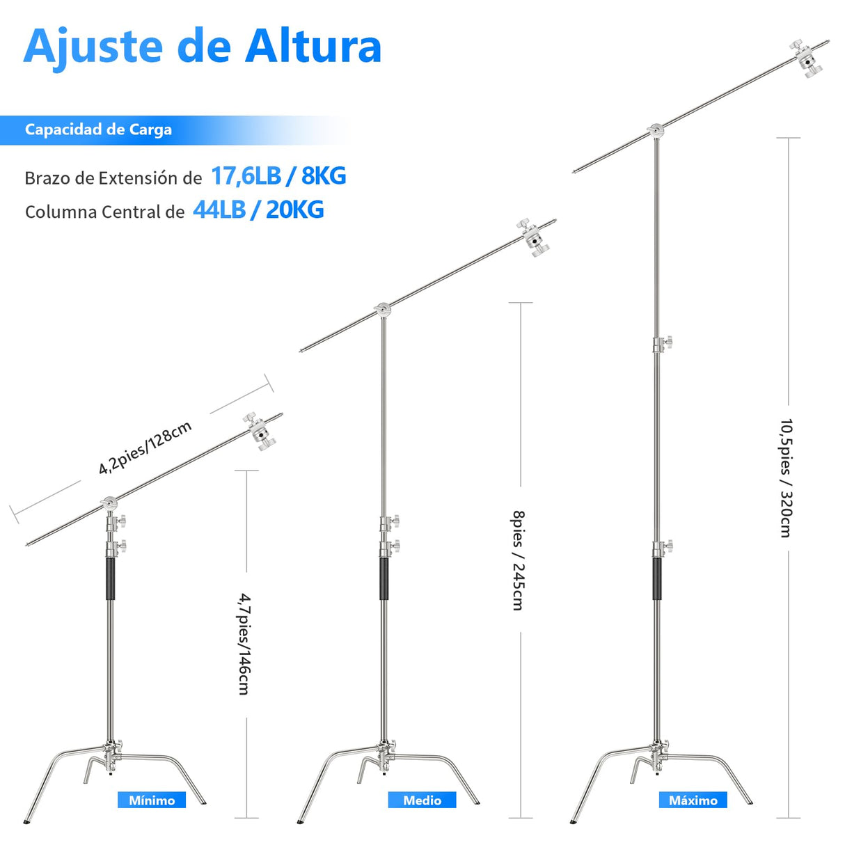 NEEWER Pro 100 % Acero Inoxidable Heavy Duty C Stand con Brazo Articulado Altura Máxima de 320 cm Soporte de Luz para Fotografía con Brazo de Sujeción de 4,2 pies/128 cm, 2 Cabezales de Agarre