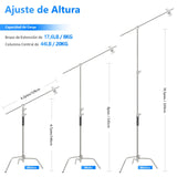 NEEWER Pro 100 % Acero Inoxidable Heavy Duty C Stand con Brazo Articulado Altura Máxima de 320 cm Soporte de Luz para Fotografía con Brazo de Sujeción de 4,2 pies/128 cm, 2 Cabezales de Agarre