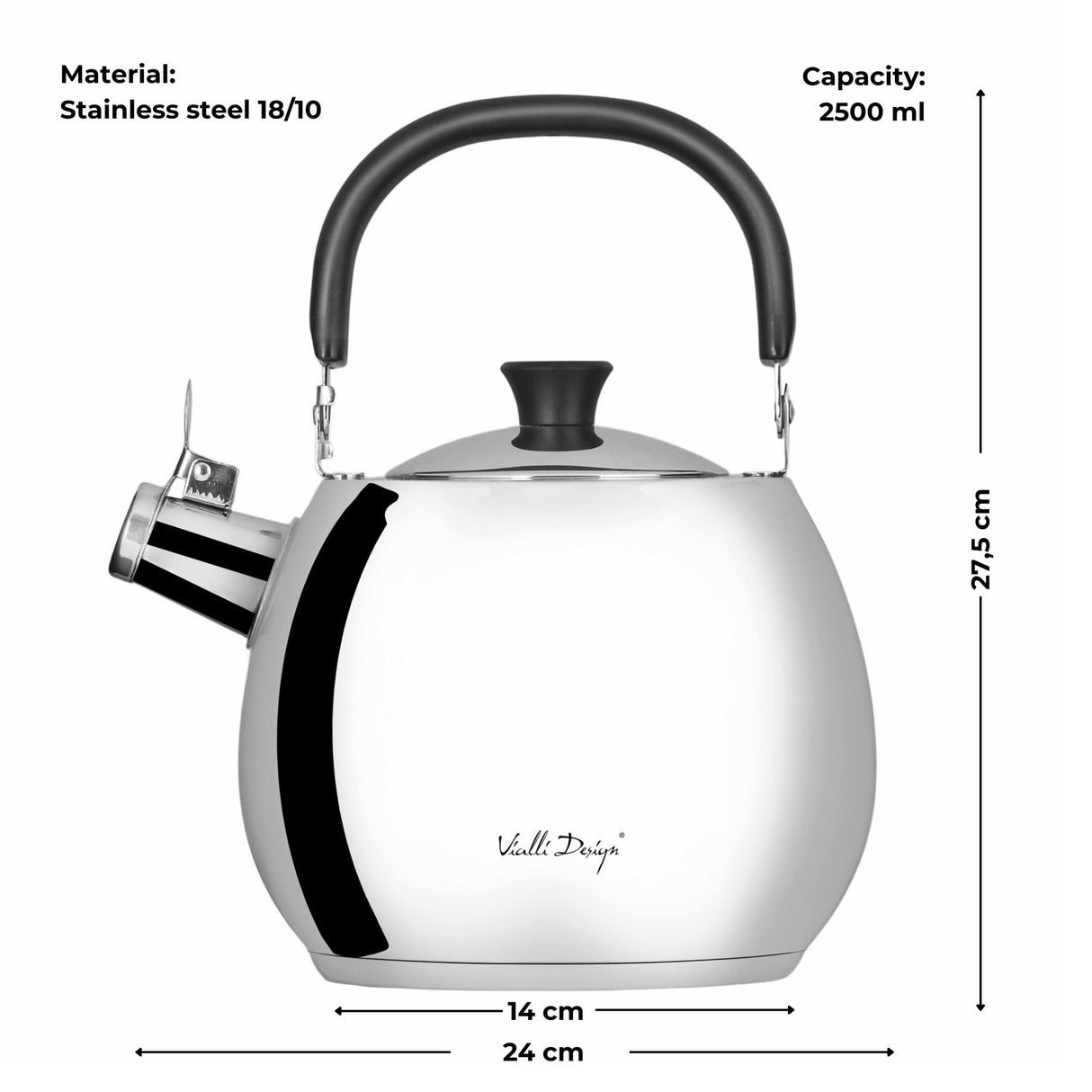 Vialli Design Hervidor de agua 2,5 l con silbato de acero pulido BOLLA 8623