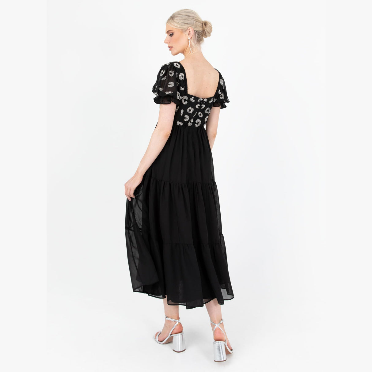 Lovedrobe Women's Midaxi Dress Ladies Animal Sequin Embellished Short Puff Sleeve Square Neck A-Line for Evening Party Cocktail Vestido, Black, 40 para Mujer