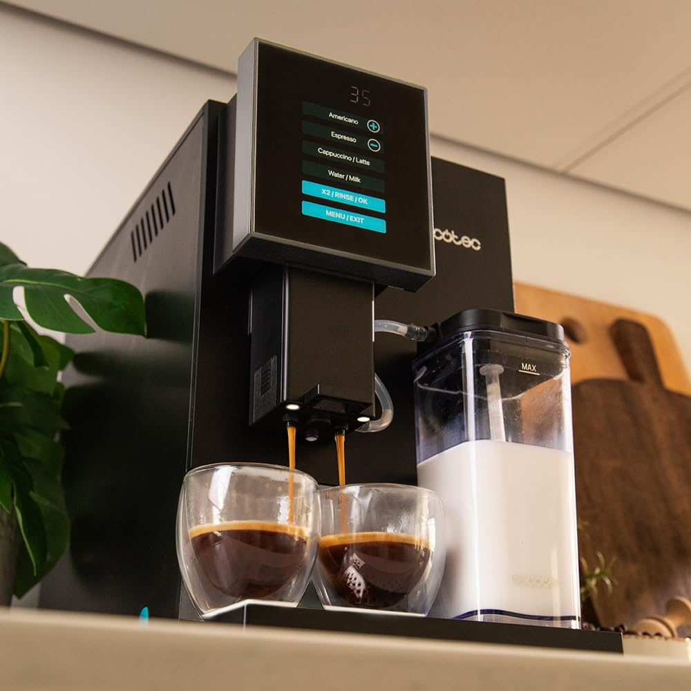 Cecotec Cafetera Superautomática Cremmaet Compactccino Black Silver, 19 Bares, Sistema Thermoblock, Grano recién molido con Plug&Play, Depósito 150gr café con molinillo, 1,1 L agua, 400ml leche