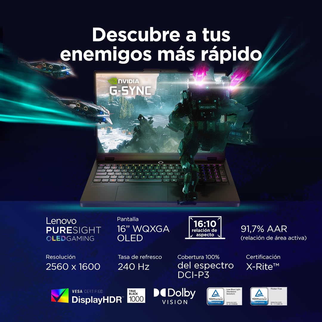 Lenovo Legion Pro 5 Gen10–Portátil Gaming IA 16'' OLED 240Hz (Intel Core Ultra 9 275HX, NVIDIA GeForce RTX 5070 Ti, 32GB RAM, 1TB SSD, WiFi6, Sin Sistema Operativo) QWERTY RGB 24 Zonas Español – Negro