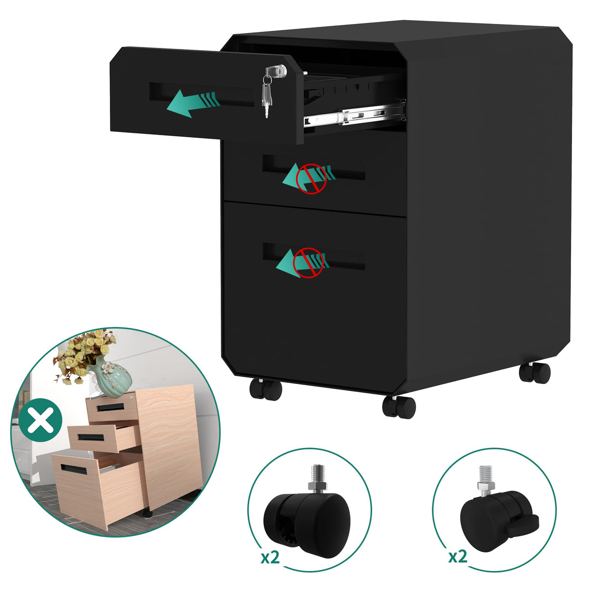 YITAHOME Armario Archivador con 3 Cajones, Cajonera de Oficina Móvil con Ruedas, Metalico Mueble Oficina Archivador con Cerradura y Llave para Carta/A4, Negro, 51 x 40 x 64cm