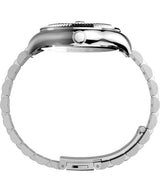 Timex Peanuts - Reloj de 36 mm para mujer, correa de acero inoxidable en tono plateado, esfera rosa, caja en tono plateado TW2V47400
