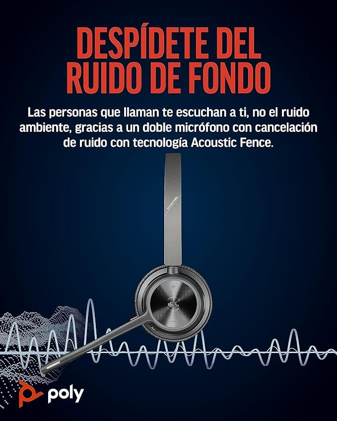 Auriculares inalámbricos Poly Voyager 4320 UC - Audífonos estéreo con micrófono de brazo con cancelación de ruido - Conexión Bluetooth a PC/teléfono móvil - Funciona: Teams (certificado), Zoom y más