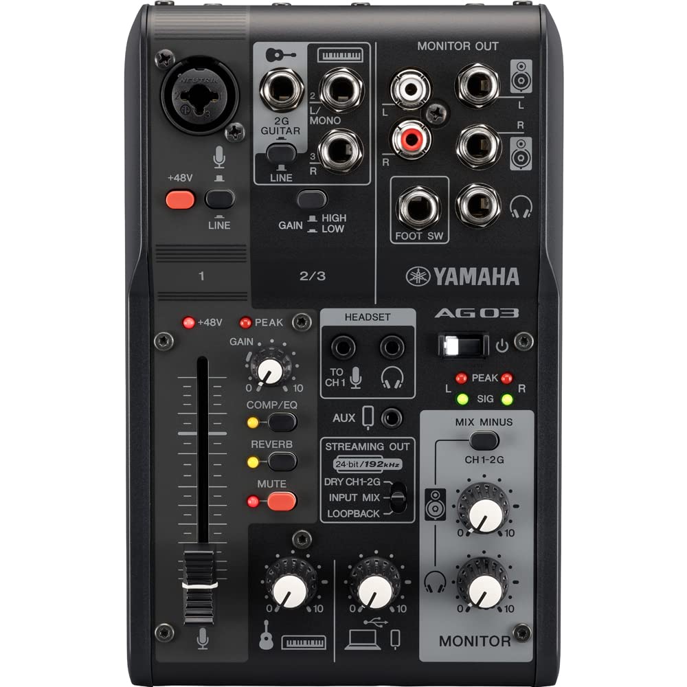 Yamaha AG03MK2 Mezclador de Transmisión en Vivo de 3 Canales con Interfaz de Audio USB, para Windows, Mac, iOS y Android, en Negro