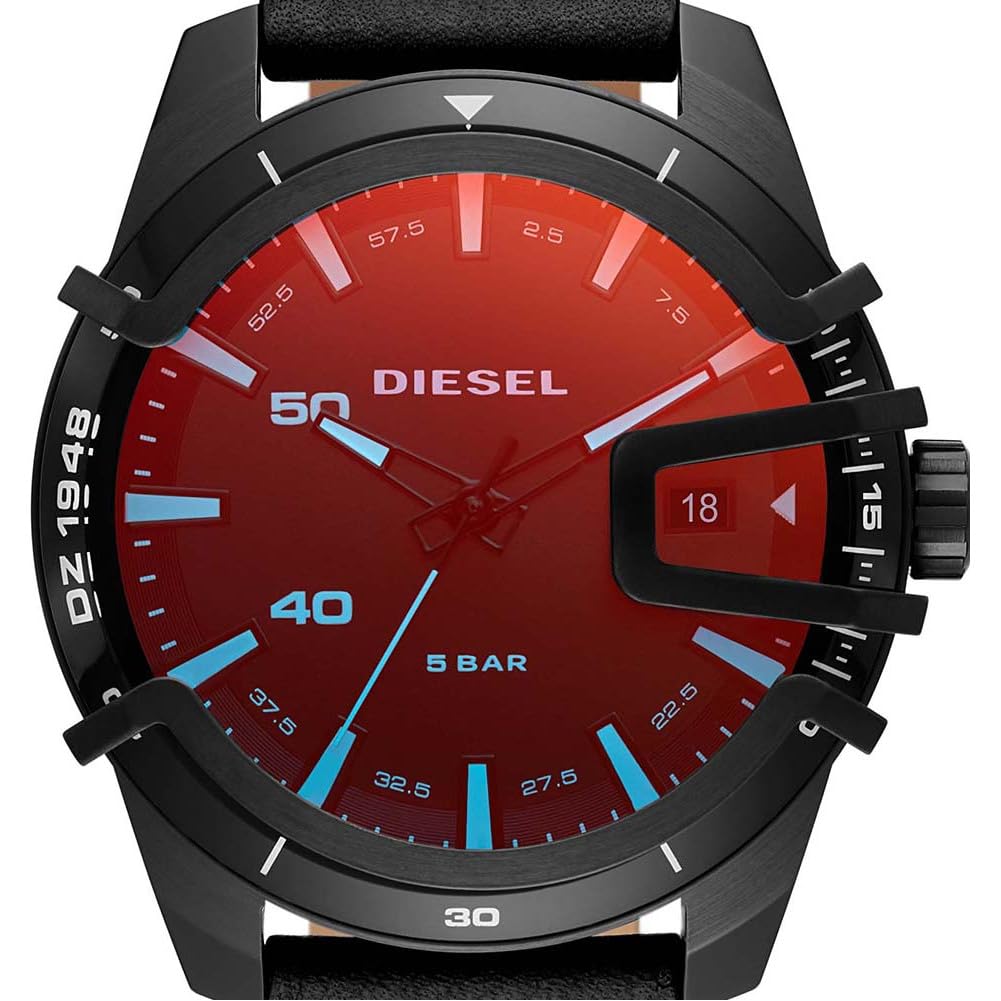 Diesel Reloj para hombre Caged, mecanismo de tres manecillas con fecha, caja de 46 mm de acero inoxidable negro con correa de piel, DZ1948