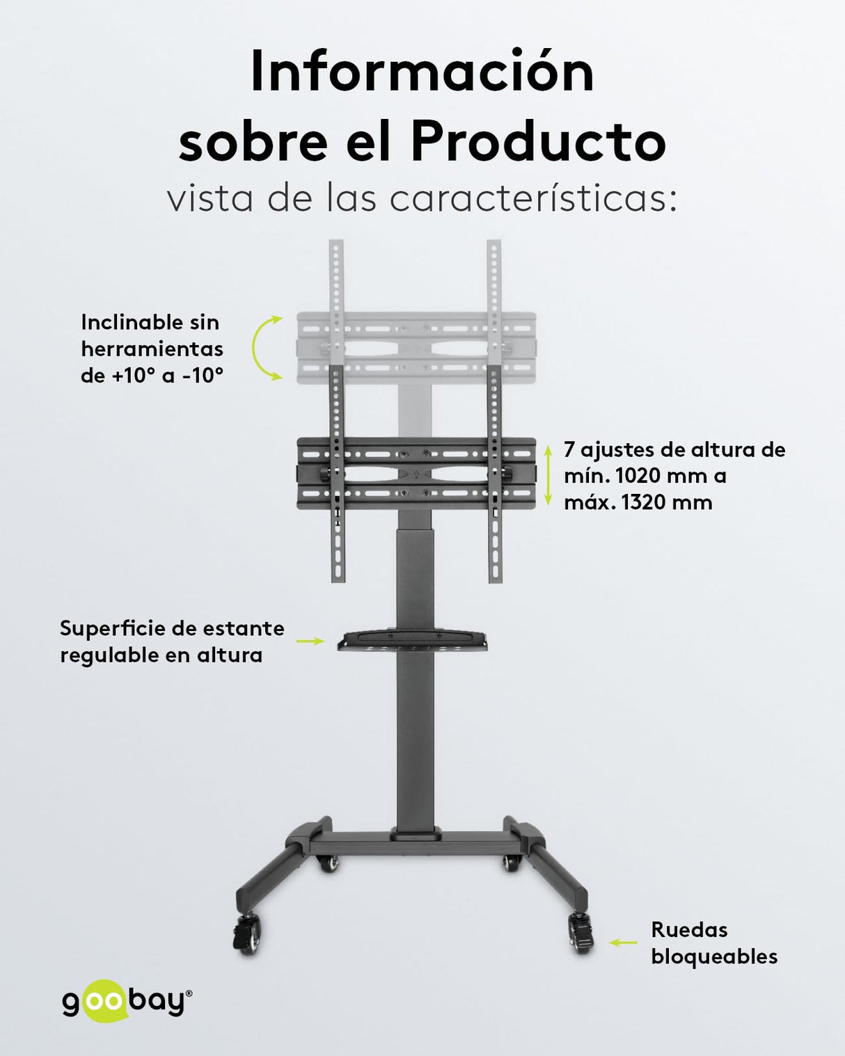 Goobay 59507 Soporte de TV móvil con Ruedas para televisores y monitores de Entre 37" y 70" (94-180cm) / Inclinable y Ajustable en Altura/Soporte de TV para TV Plana y TV Curva de hasta 35 kg
