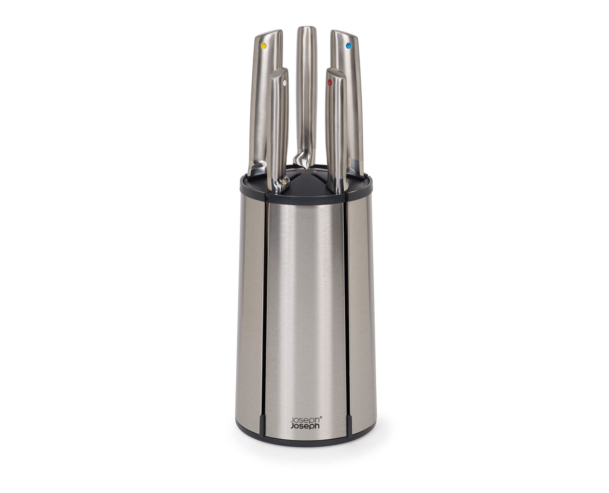 Joseph Joseph Elevate, Set de cuchillos con taco en acero inoxidable, Juego de 5 piezas con bloque giratorio, cuchillos en acero inoxidable japones, antihuellas y base antideslizante