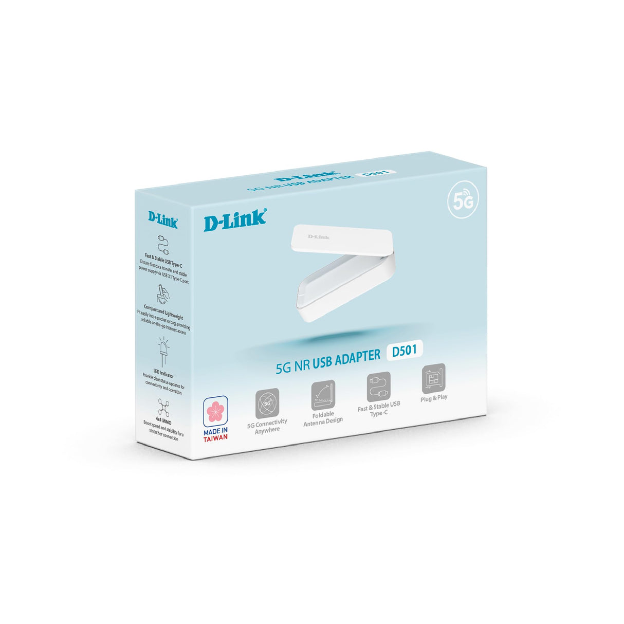 D-Link D501 Adaptador USB 5G NR – Internet móvil 5G/4G LTE ultrarrápido, Plug & Play, USB-C, Antena Plegable, Nano SIM, Compatible con Windows/macOS/Linux