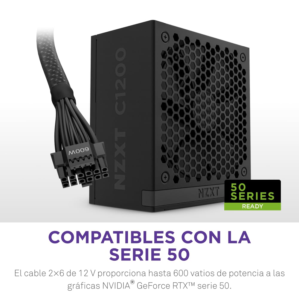 NZXT C1200 Gold ATX 3.1 - Fuente de alimentación para PC Gaming Totalmente Modular de bajo Ruido - 1200 W - 80 Plus Gold - Conector 2×6 de 12 V - Condensadores 100% japoneses - Negra