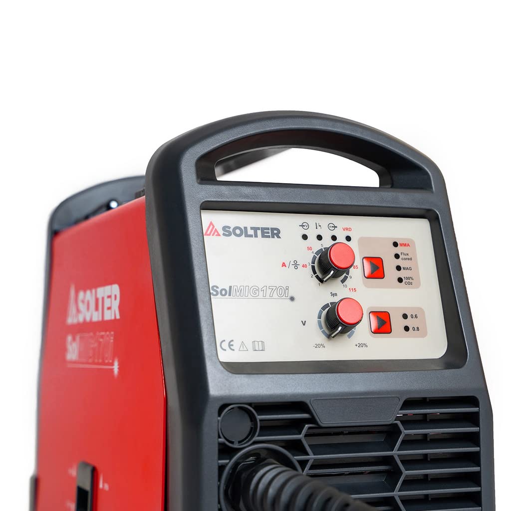 Solter - Máquina de Soldadura Inverter SOLMIG-170, Multiproceso MIG/MAG y Electrodo, 230V, Soldadura con y sin Gas, Ajuste de Velocidad, Admite Bobina D200, Incluye Antorcha MIG y Pinza de Masa