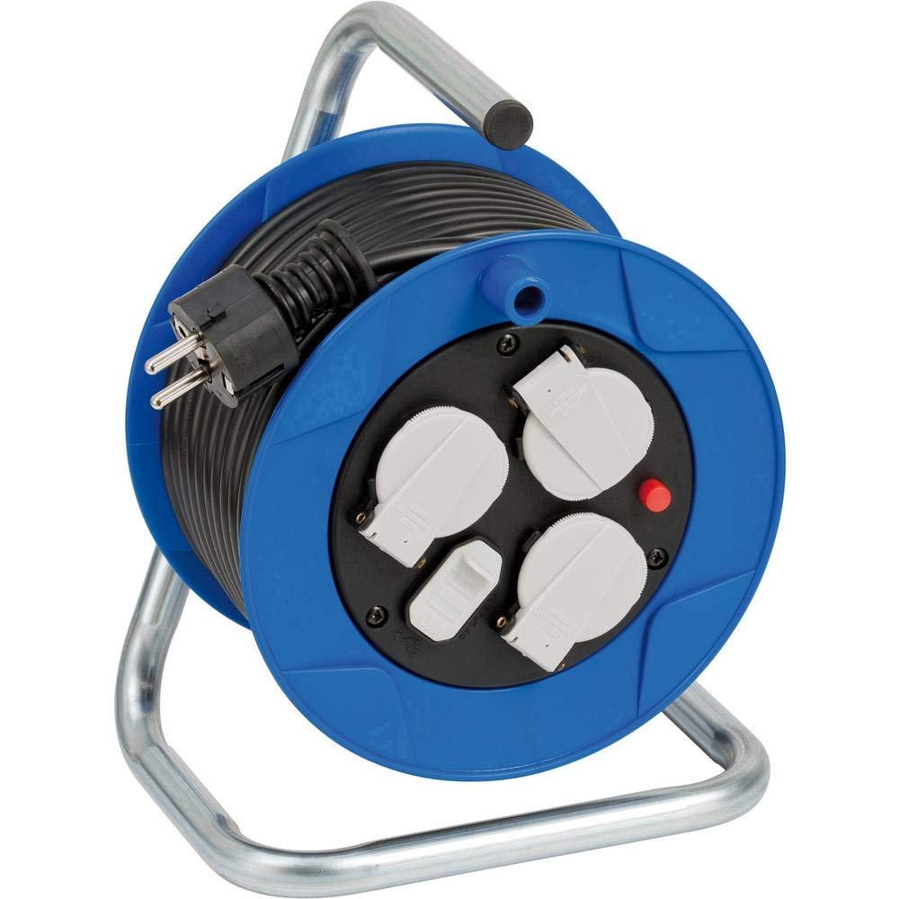 Brennenstuhl Garant enrollacables con alargador de 15m, carga USB, 3 tomas de corriente (plástico especial, uso en interiores, fabricado en alemania) azul
