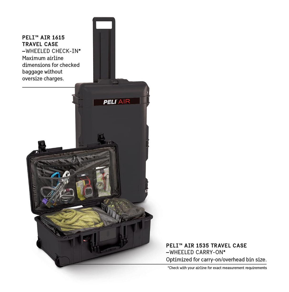 PELI 1615 Air - Carrito ligero impermeable para equipo de cámara, resistente al agua y al polvo, 71 L, fabricado en Estados Unidos, con sistema de división TrekPak (ajustable), color negro