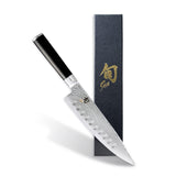 KAI Shun Classic cuchillo de cocina japonés 20 cm de longitud de hoja con alveolos - Cuchillo de Damasco 32 capas núcleo VG MAX - 61 (±1) HRC - Mango de madera Pakka - Hecho en Japón