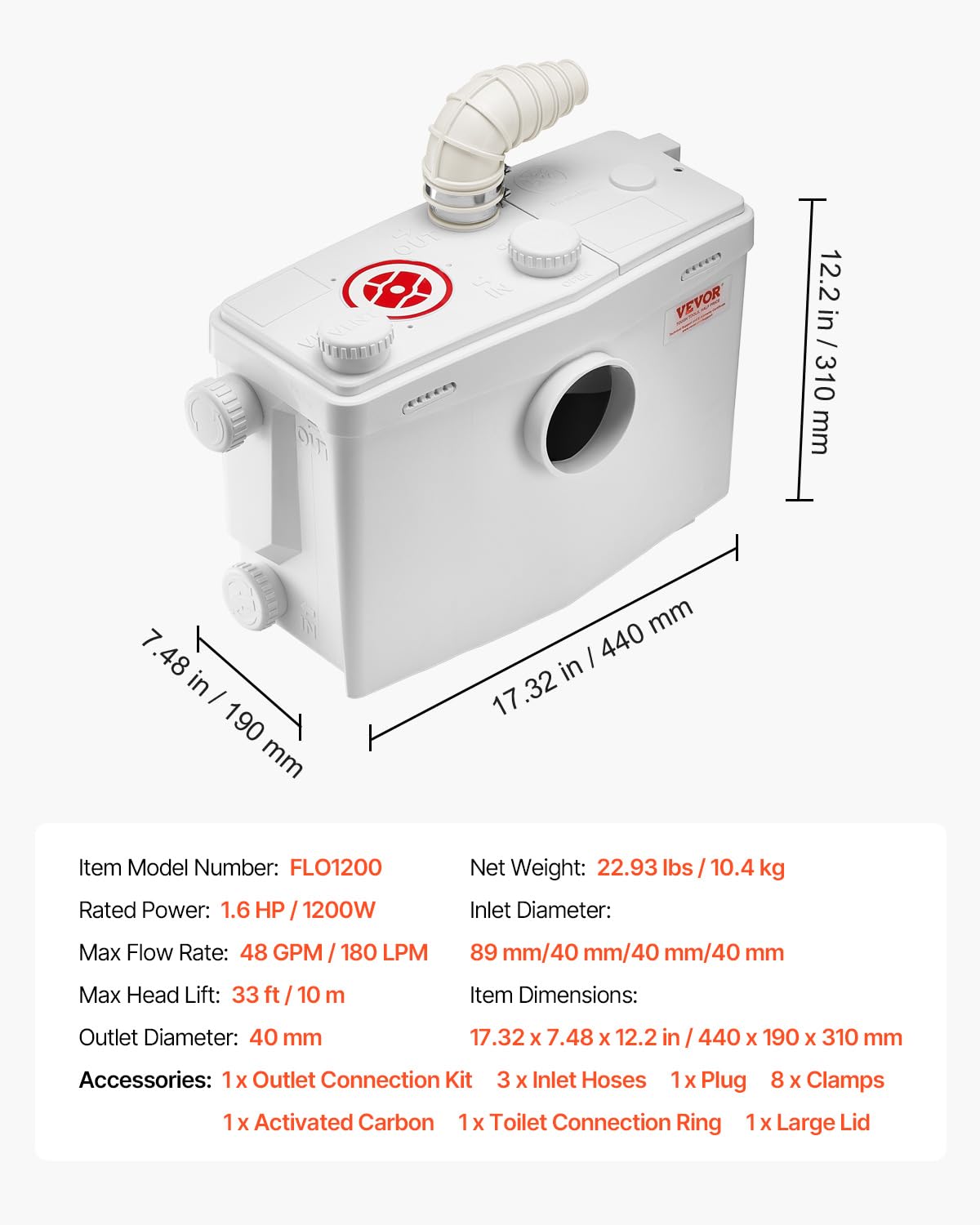 VEVOR 1200 W Bomba Trituradora para Inodoro con 4 Entradas de Agua, Caudal de 48 GPM, Altura de 10 m, Máquina de Descarga Ascendente para Eliminación de Aguas Residuales para Inodoro, Lavabo y Bañera